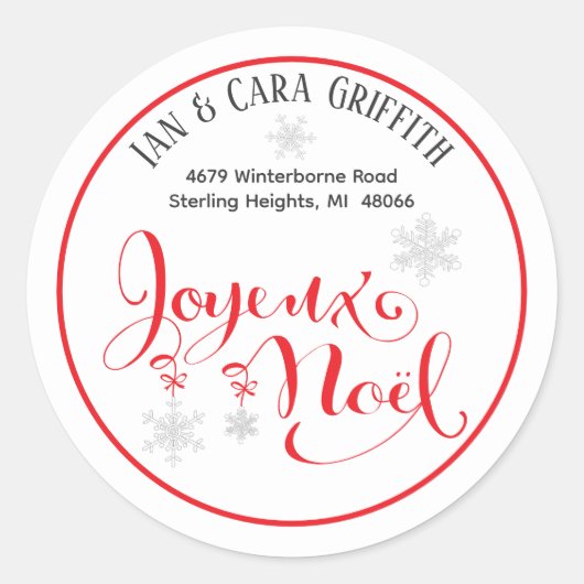 Kerst Joyeux Noel Snowflake Rood Retouradres Ronde Sticker (Voorkant)