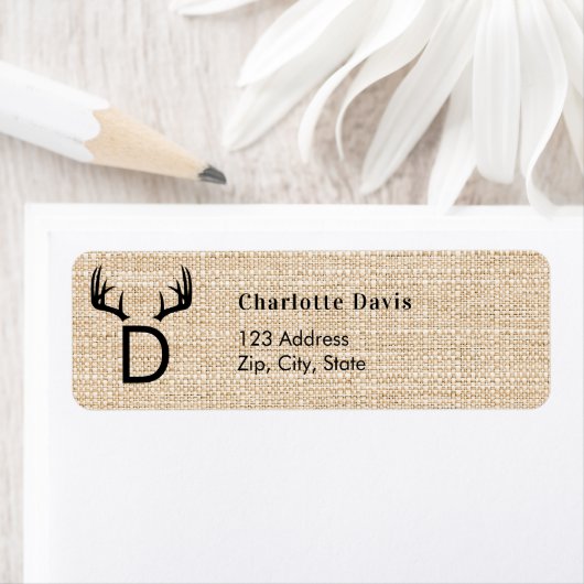 Kerst jute gewei monogram retour adres etiket (Insitu)