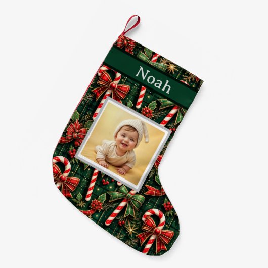 Kerst Kaart Design met Schattigee Baby en Feesteli Kleine Kerstsok (Voorkant (Hangend))