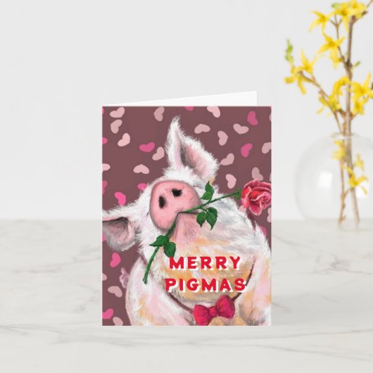 Kerst Kaart Funny Gentleman Pig met Roos (Gele Bloem)