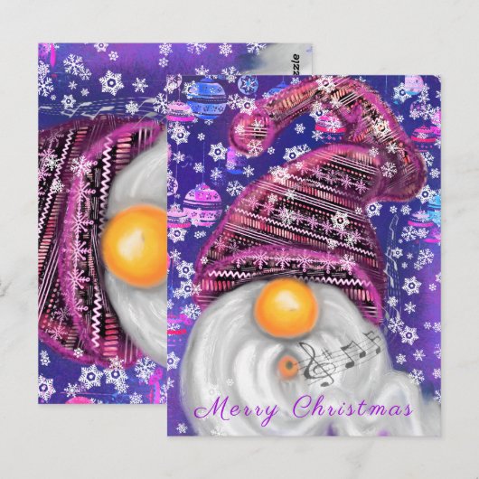 Kerst Kaart Happy Gnome in Paarse Pet Zingen (Voorkant / Achterkant)