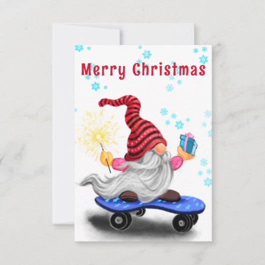 Kerst Kaart Happy Skater Gnome met Gift (Voorkant)