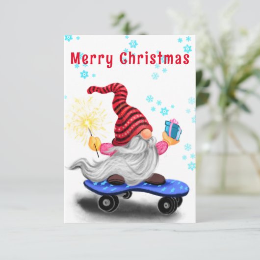Kerst Kaart Happy Skater Gnome met Gift (Staand voorkant)