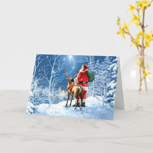 Kerst Kaart - Kerstman en rendier winterscène (Gele Bloem)