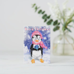 Kerst Kaart Schattige Pinguïn met Gift Notitiekaartje