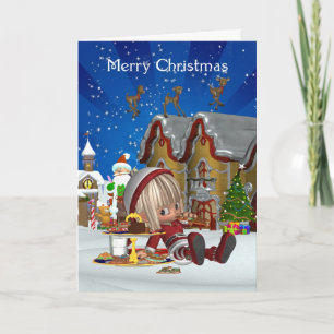 Kerst Kaart - Schattigee elf en vakantiedorp
