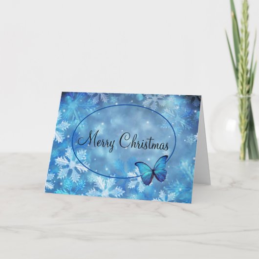 Kerst Kaart Sneeuwvlokken & Blue Morpho Butterfly (Voorkant)