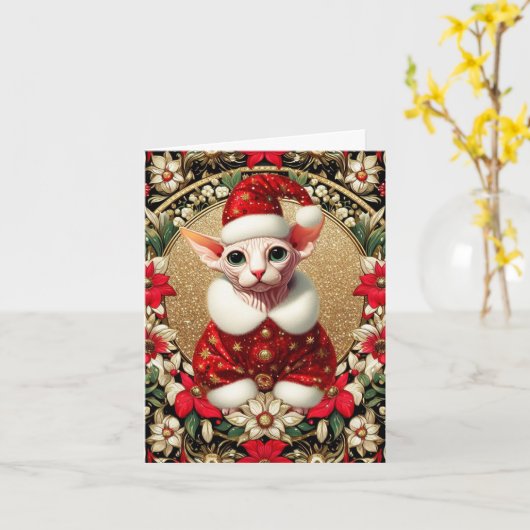Kerst Kaart Sphynx Kat Santa (Gele Bloem)