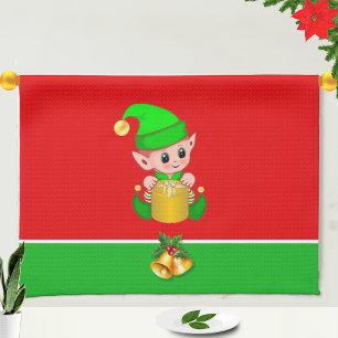 Kerst Kabouter op groen en rood Theedoek