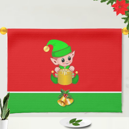 Kerst Kabouter op groen en rood Theedoek