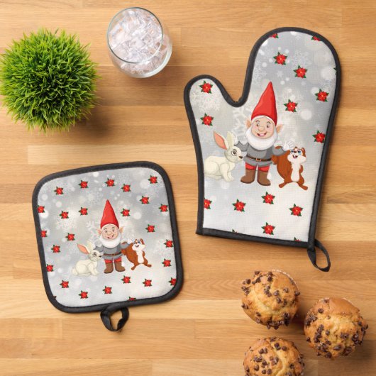 Kerst kabouter ovenhandschoen & pot houder ovenwant & pannenlap set (Top down)