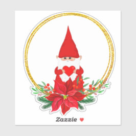 Kerst Kabouter & Poinsettia in Gouden Cirkels  Sticker