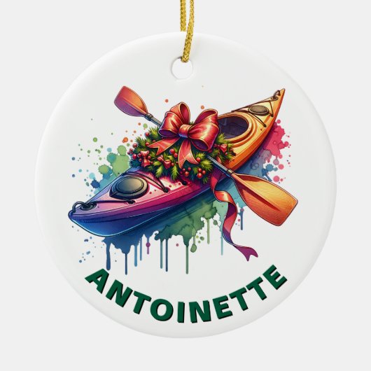 Kerst Kajak Aangepaste naam Keramisch Ornament (Voorkant)