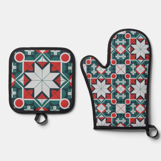 Kerst Kaleidoscoop Patroon Ovenwant & Pannenlap Set (Voorkant)