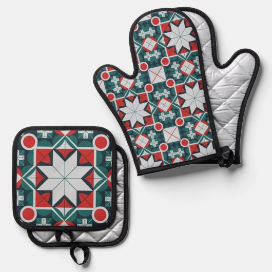 Kerst Kaleidoscoop Patroon Ovenwant & Pannenlap Set (Voorkant / Achterkant)