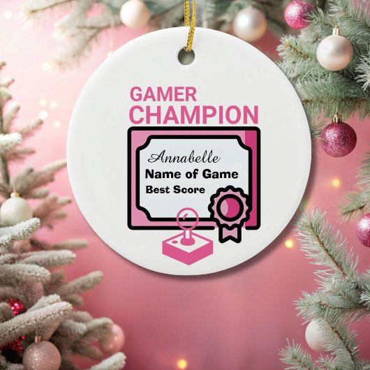 Kerst Kampioen Gamer Roze en Zwart Keramisch Ornament