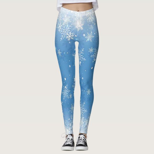 Kerst kant Sneeuwvlokken Fonkelen op Blauw Leggings (Voorkant)