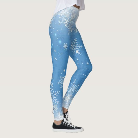Kerst kant Sneeuwvlokken Fonkelen op Blauw Leggings (Rechts)