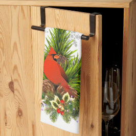 Kerst Kardinaal en Groene Decoratie Theedoek