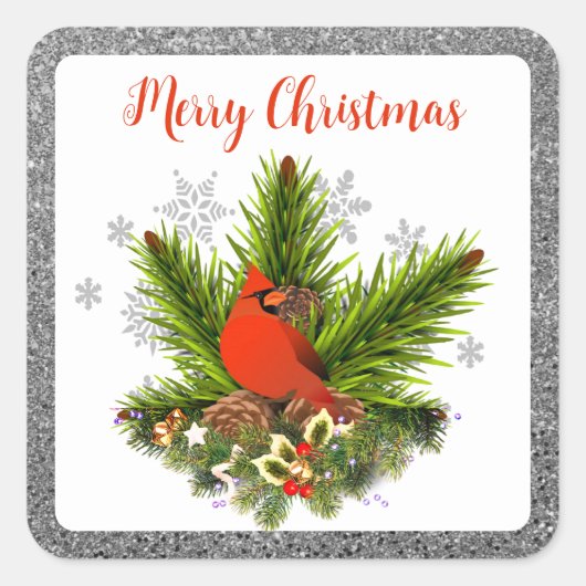 Kerst Kardinaal Groene takken en Zilver Glitter Vierkante Sticker (Voorkant)