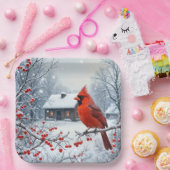 Kerst kardinaal op Berry Branch Papieren Bordje (Feest)