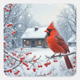 Kerst kardinaal op rode bessen tak vierkante sticker