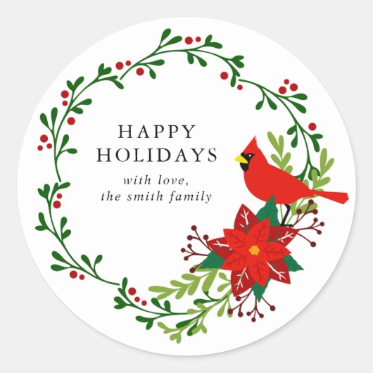 Kerst Kardinaal, Poinsettia Krans Vakantie Ronde Sticker (Voorkant)