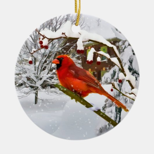 Kerst, kardinaal vogel, sneeuw, sierrijk keramisch ornament (Voorkant)