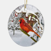 Kerst, kardinaal vogel, sneeuw, sierrijk keramisch ornament (Links)