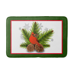 Kerst Kardinaalvogel met Dennenappels Badmat