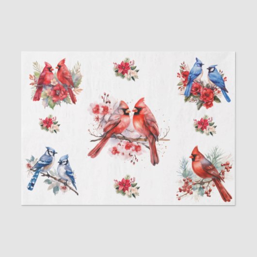 Kerst Kardinalen Blauwe Vogels Elementen Decoupage Tissuepapier (Voorkant)
