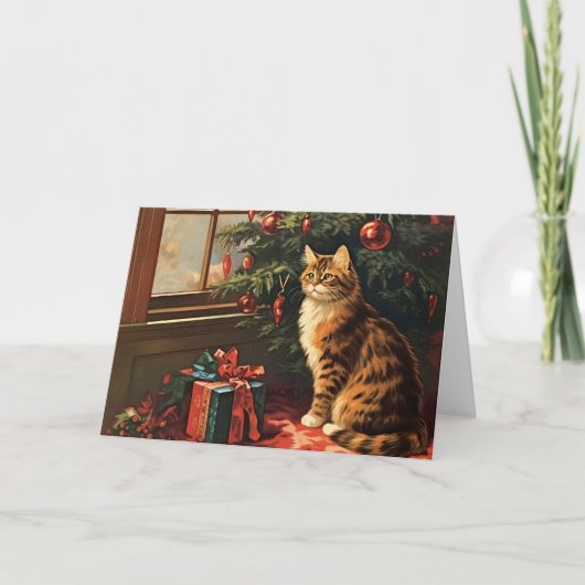 Kerst Kat bij het raam Feestdagen Kaart (Voorkant)