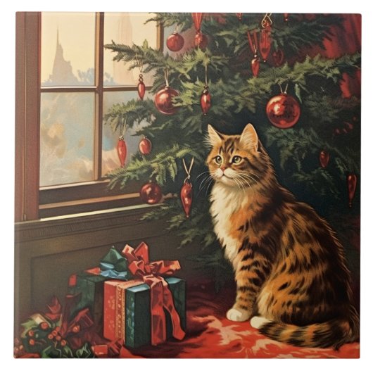 Kerst Kat bij het raam Tegeltje (Voorkant)