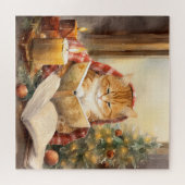 Kerst Kat Drie Lezen Kaart Legpuzzel (Horizontaal)