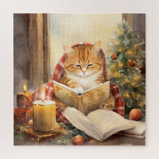 Kerst Kat Drie Lezen Kaart Legpuzzel (Verticaal)