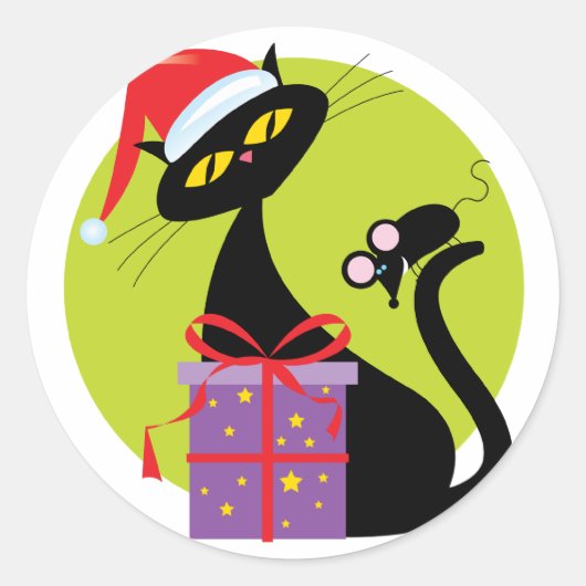 Kerst kat en muis ronde sticker (Voorkant)