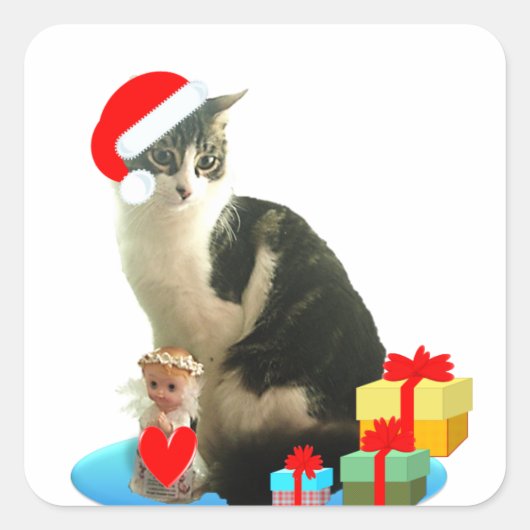 Kerst kat en schattig engeltje vierkante sticker (Voorkant)