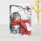 Kerst Kat Kijken naar een kardinaal Kaart (Gele Bloem)