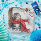 Kerst Kat Kijken naar een kardinaal Papieren Bordje (Feest)