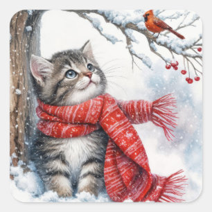 Kerst Kat Kijken naar een kardinaal Vierkante Sticker