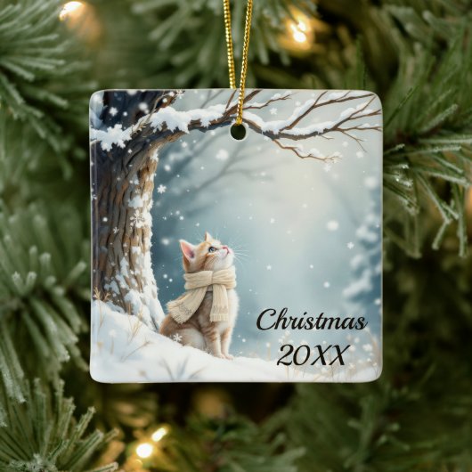 Kerst Kat kijken naar sneeuwvlokken Keramisch Ornament (Boom)