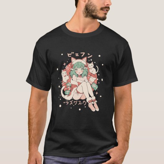 Kerst Kat Meisje Anime Waifu Kawaii Japan Vakantie T-shirt (Voorkant)