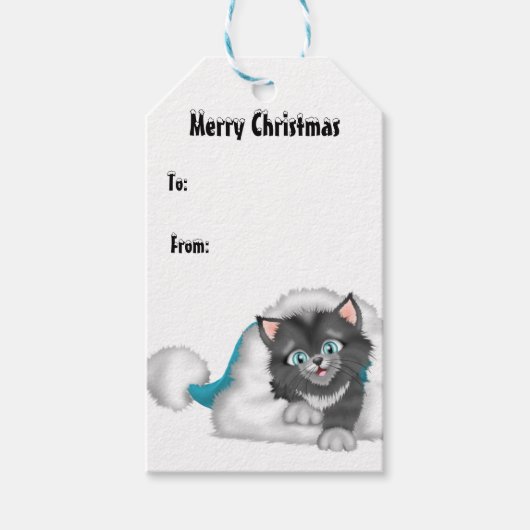 Kerst Kat met blauw Pet Cadeaulabel (Voorkant)