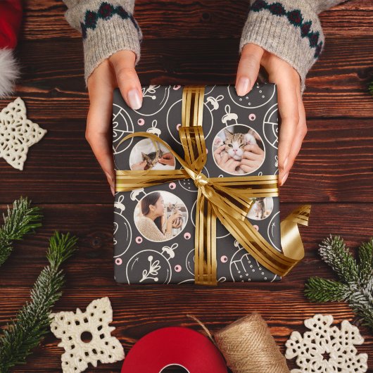 Kerst Kat Ornament Custom Foto Monogram Cadeaupapier
