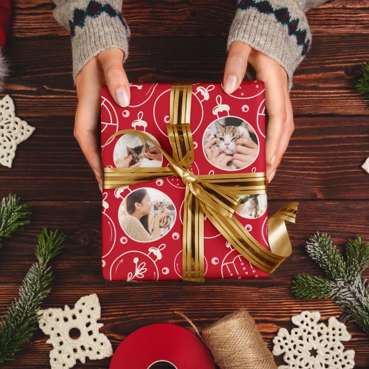 Kerst Kat Ornament Custom Foto Monogram Cadeaupapier