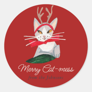 Kerst Kat rendieren Vakantie Rood Ronde Sticker