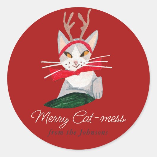 Kerst Kat rendieren Vakantie Rood Ronde Sticker (Voorkant)