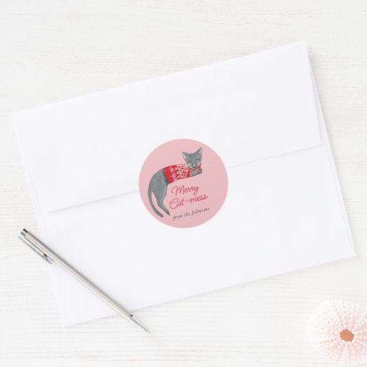 Kerst Kat roze Vakantie Ronde Sticker (Envelop)