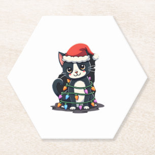 Kerst Kat Tuxedo zwarte kat xmas lichten kat c Kartonnen Onderzetters