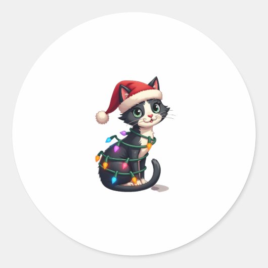 Kerst Kat Tuxedo zwarte kat xmas lichten kat c Ronde Sticker (Voorkant)